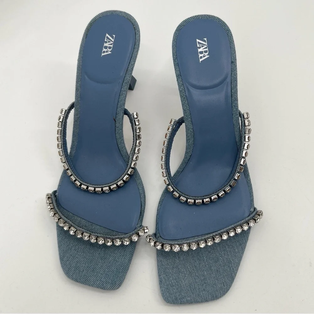 Zara denim Blue Rhinestone Slide Strappy square toed Heels new size 39 - Picture 5 of 6